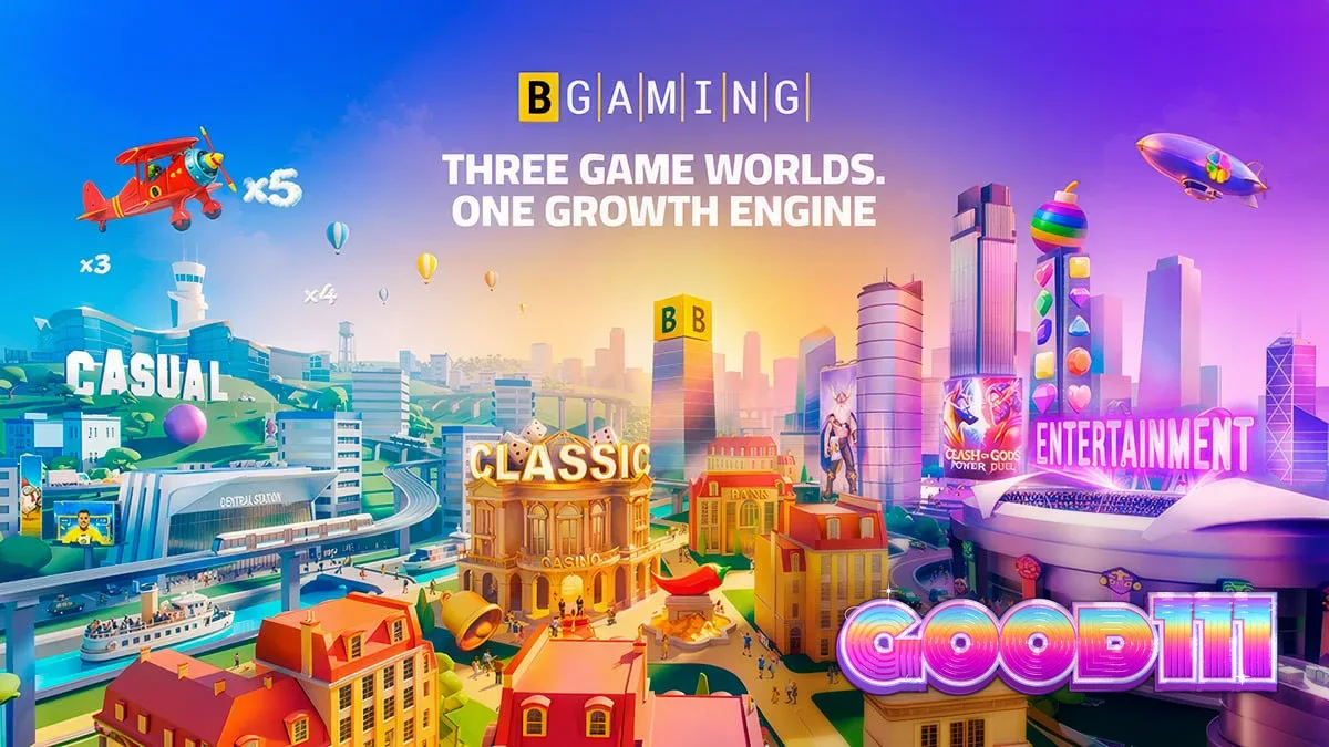 BGaming-এর গেম পোর্টফোলিও এবং থ্রি গেম ওয়ার্ল্ডস কনসেপ্টের একটি শৈল্পিক উপস্থাপনা